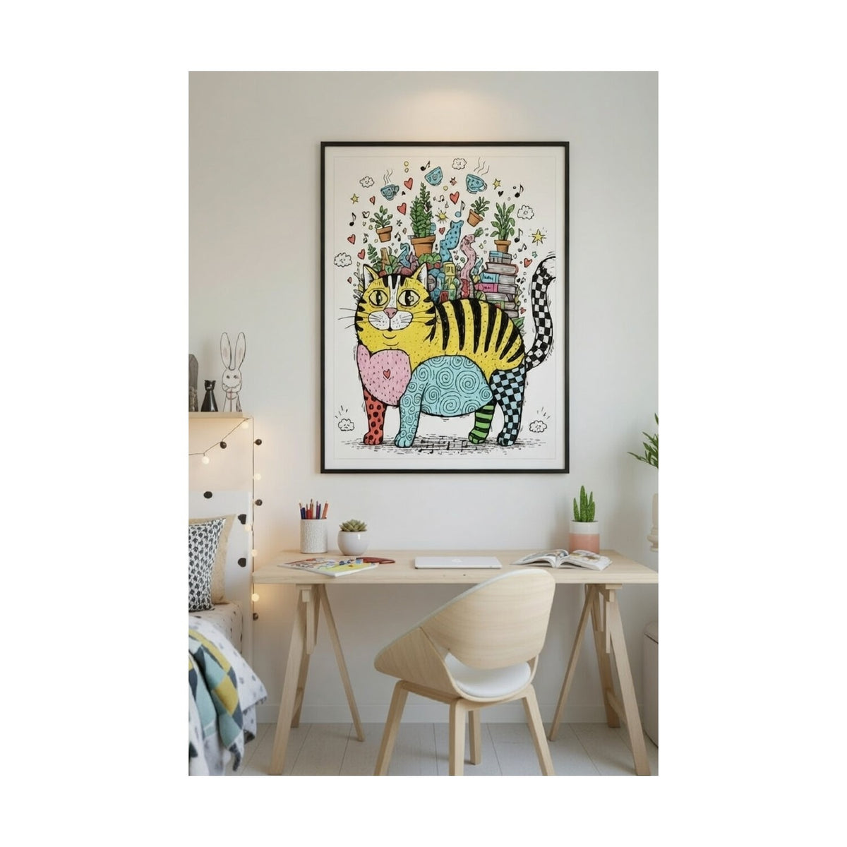Safir Design Lüks Sarı ve Mavi Kedi Figürlü Modern Ahşap Çerçeveli Tablo