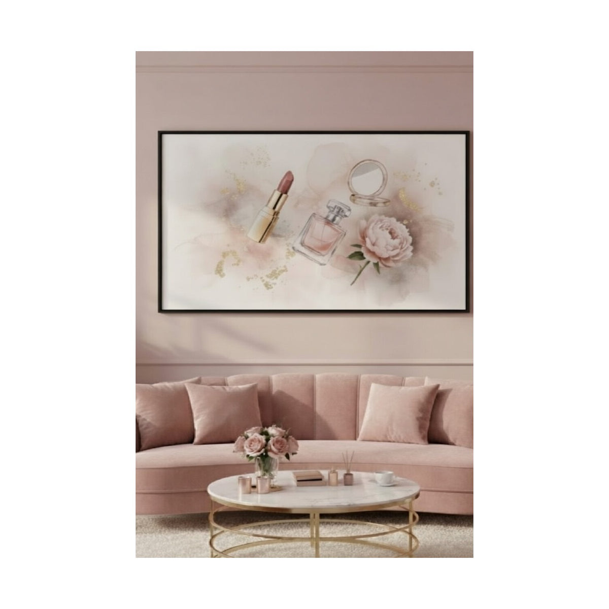 Safir Design Lüks Pembe ve Gold Parfüm ve Şakayık Modern Siyah Ahşap Çerçeveli Tablo