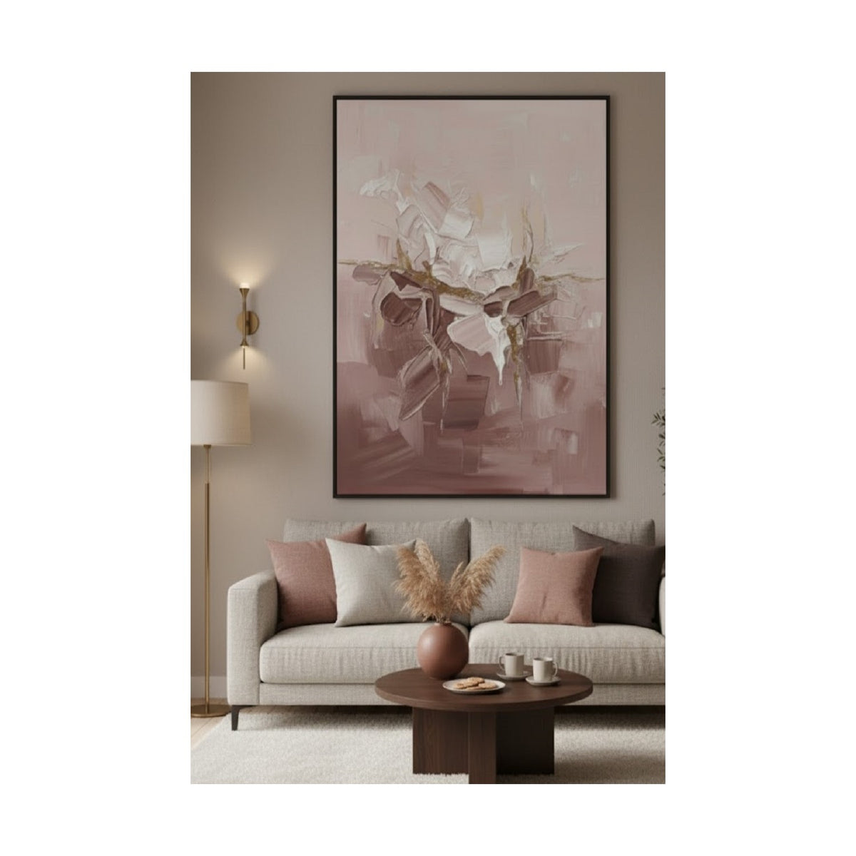 Safir Design Lüks Pembe ve Gold Soyut Fırça Darbesi Duvar Sanatı | Modern Çerçeveli Tablo