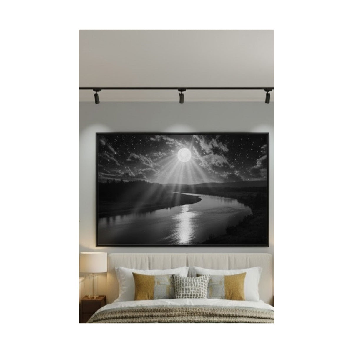 Safir Design Lüks Siyah ve Beyaz Ay Işığı Dolunay Duvar Sanatı | Modern Çerçeveli Tablo