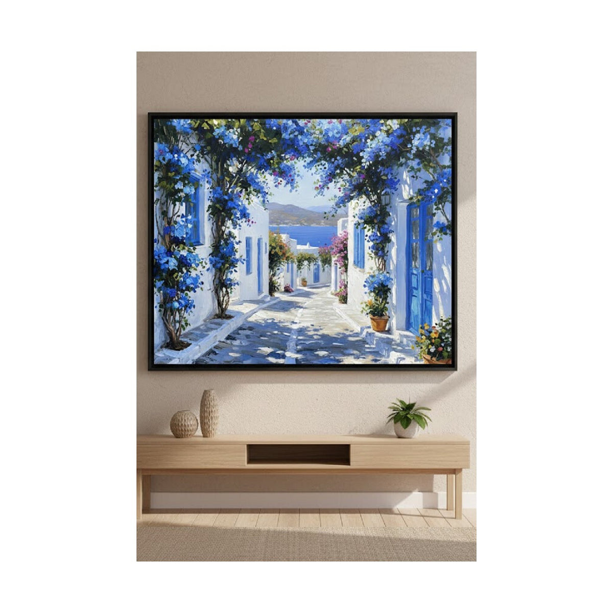Safir Design Lüks Mavi ve Beyaz Begonvilli Ege Sokağı Modern Çerçeveli Tablo