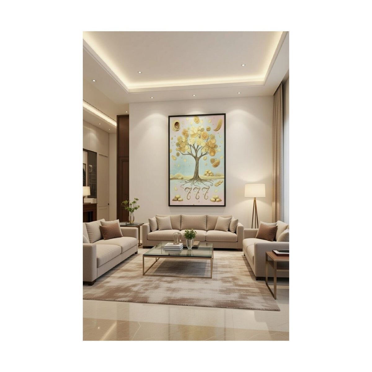 Safir Design Lüks Gold ve Mavi Bolluk Ağacı Duvar Sanatı | Modern Çerçeveli Tablo