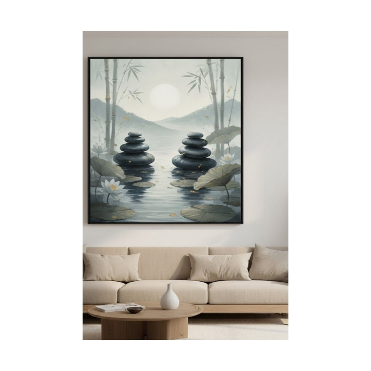 Safir Design Lüks Yeşil ve Mavi Nilüfer Çiçeği Feng Shui Duvar Sanatı | Modern Çerçeveli Tablo