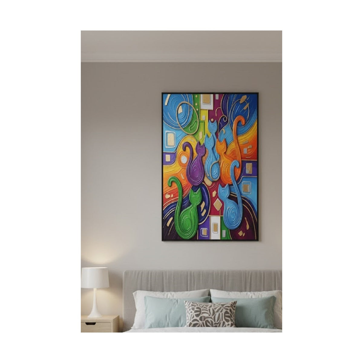 Safir Design Çok Renkli Kübik Kedi Ailesi Tablo | Modern Çerçeveli Tablo