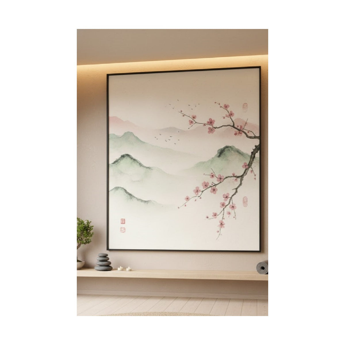 Safir Design Lüks Pembe ve Yeşil Kiraz Çiçeği Feng Shui Tablo| Modern Çerçeveli Tablo