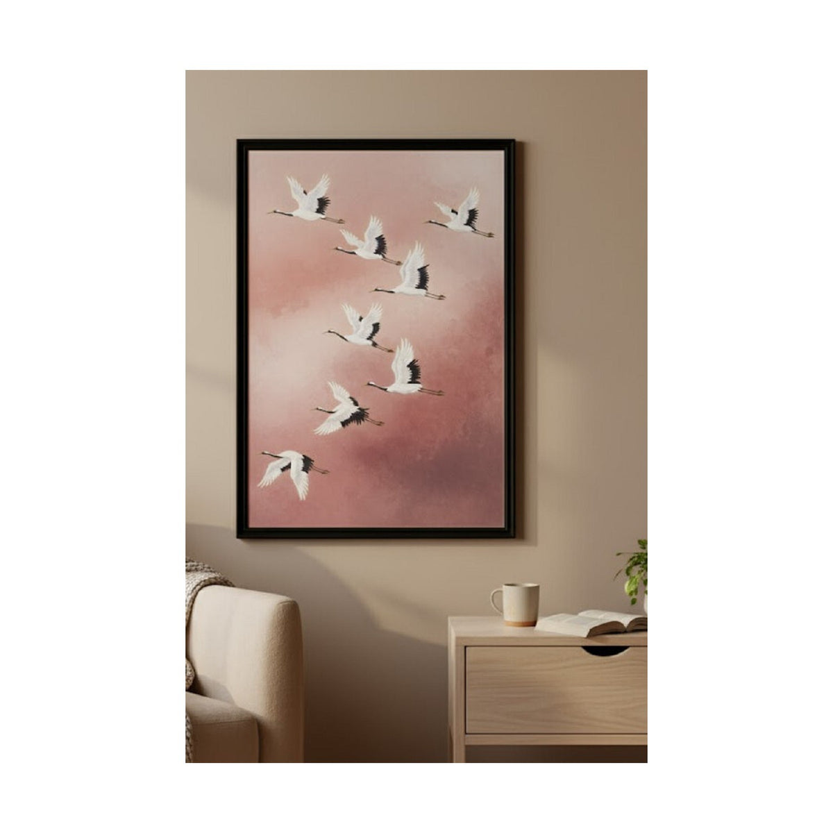 Safir Design Lüks Pembe ve Beyaz Uçan Turna Kuşları Duvar Sanatı | Modern Çerçeveli Tablo