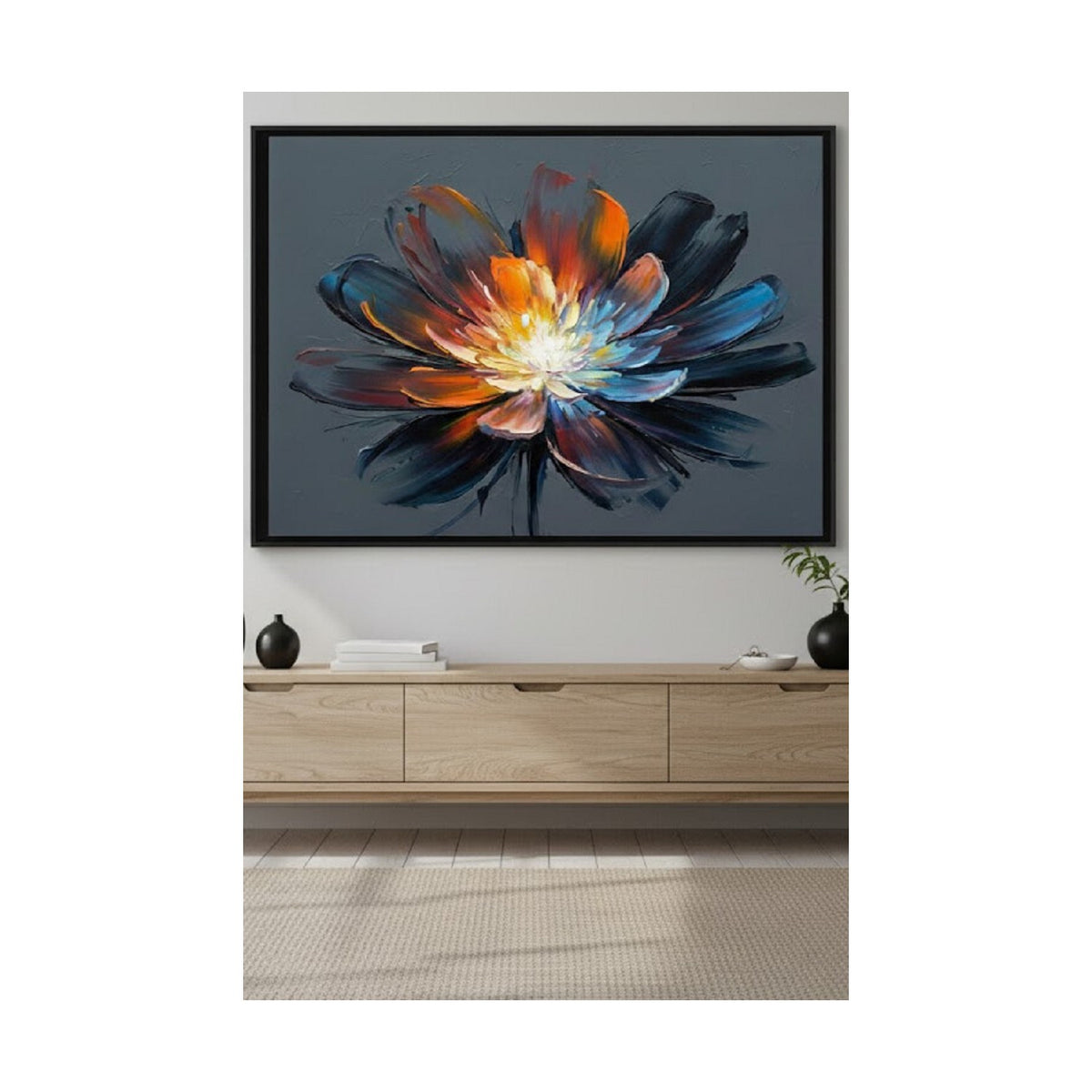 Safir Design Modern Soyut Çiçek Tasarımlı Siyah Çerçeveli Tablo, Yağlı Boya Efektli Estetik Çerçeveli Tablo