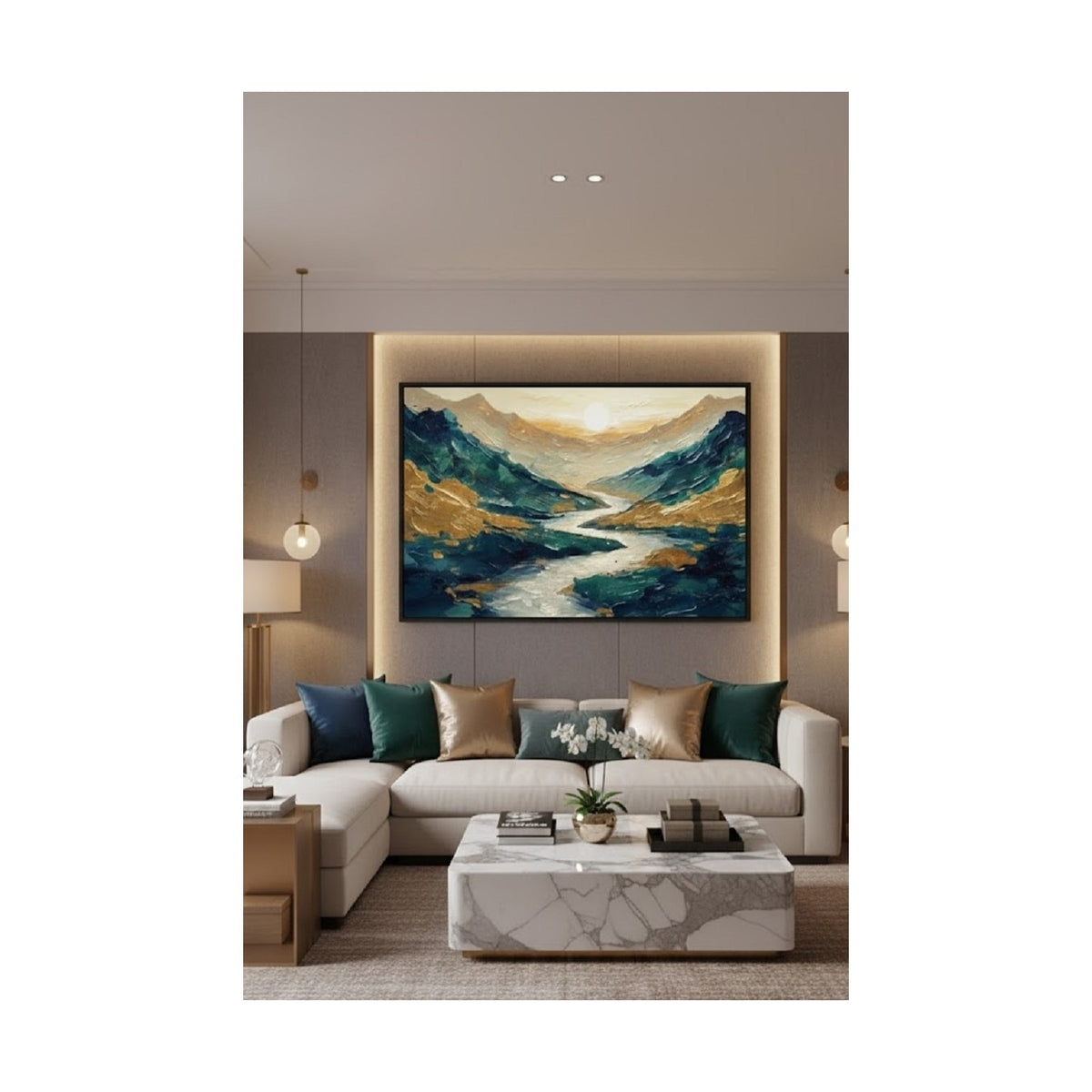 Safir Design Lüks Yeşil ve Sarı Doğa Manzarası Duvar Sanatı | Modern Çerçeveli Tablo