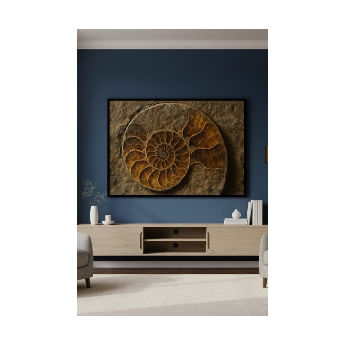 Safir Design Salon Için Antik Formlu Derinlikli Fosil Resmi Çerçeveli Tablo, Doğal Taş Görünümlü Spiral Formlu Çerçeveli Tablo