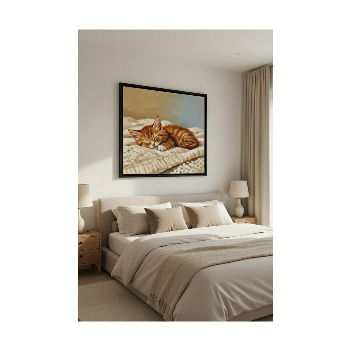 Safir Design Yağlı Boya Efektli Uyuyan Kedi Temalı Çerçeveli Tablo, Modern Sevimli Yavru Kedi Siyah Çerçeveli Tablo