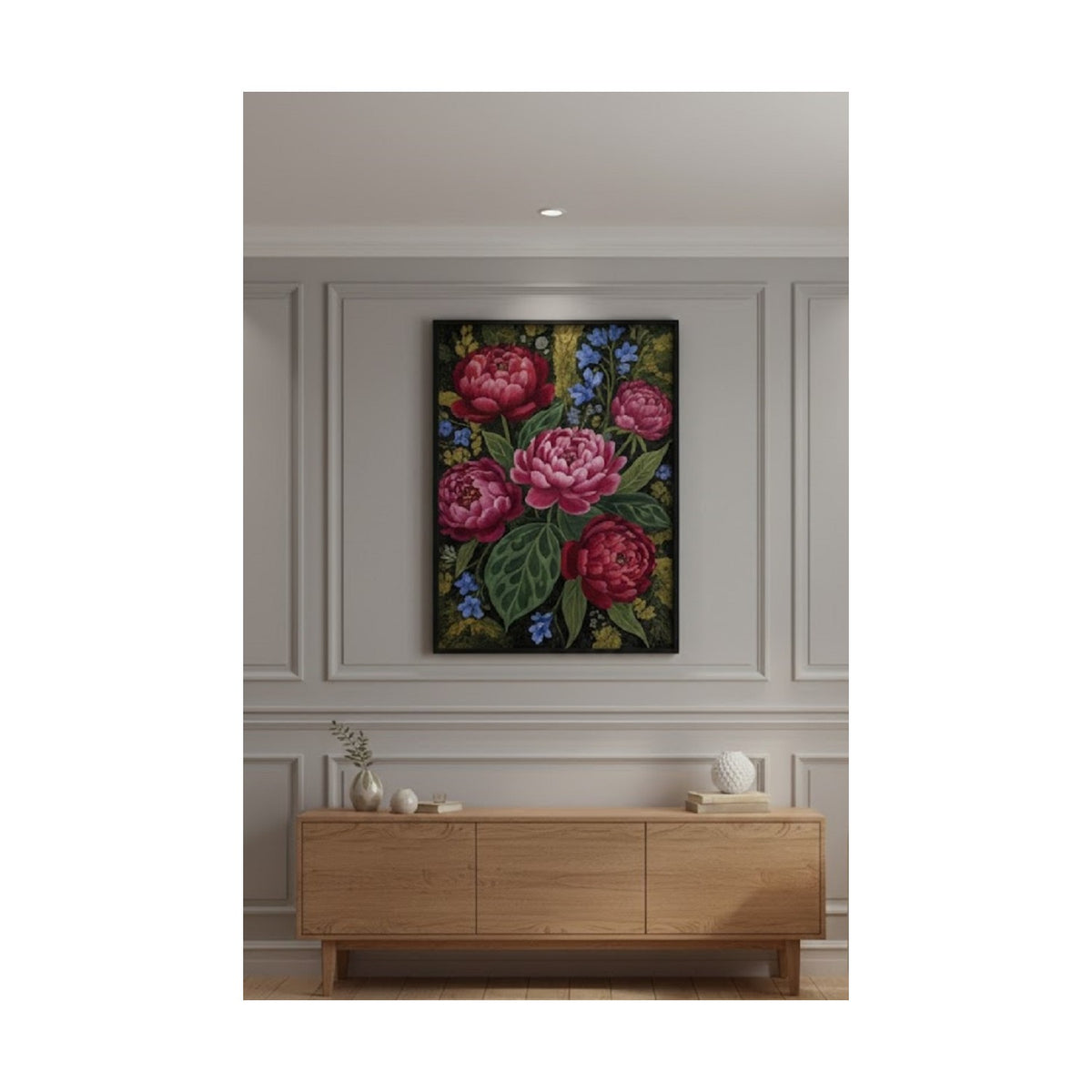 Safir Design Lüks Pembe ve Yeşil Katmerli Çiçek Duvar Sanatı | Modern Çerçeveli Tablo