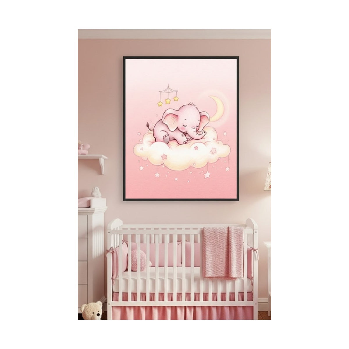 Safir Design Bulut Üstünde Uyuyan Pembe Fil Kız Bebek Kız Çocuk Odası Çerçeveli Tablo