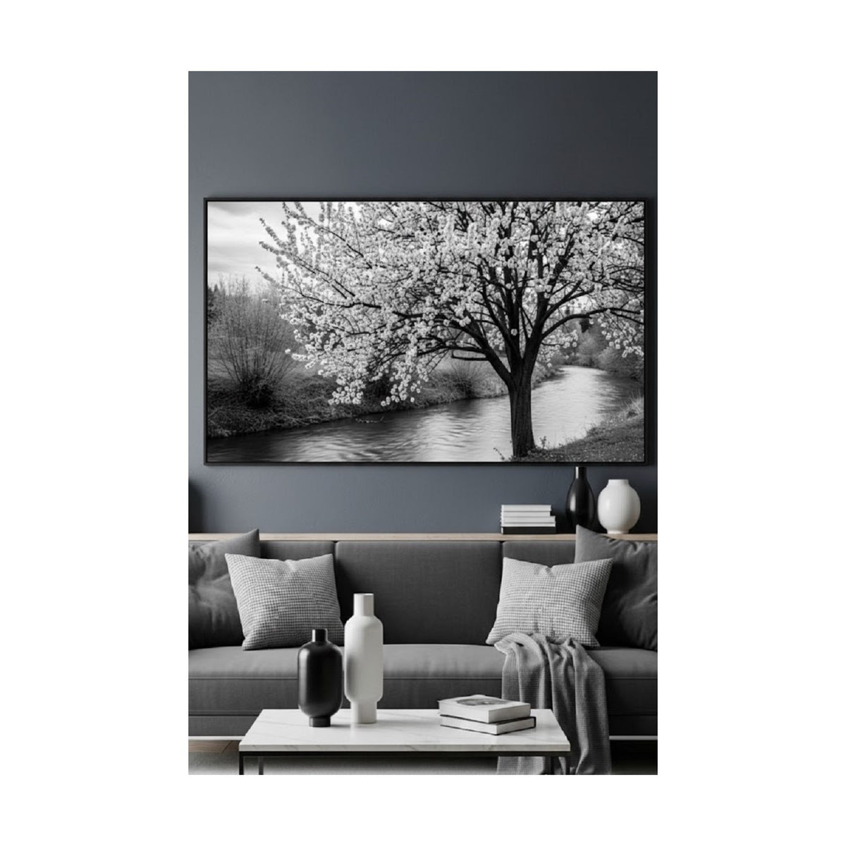 Safir Design Minimalist Siyah Beyaz Manzara Tasarımlı Dekoratif Çerçeveli Tablo