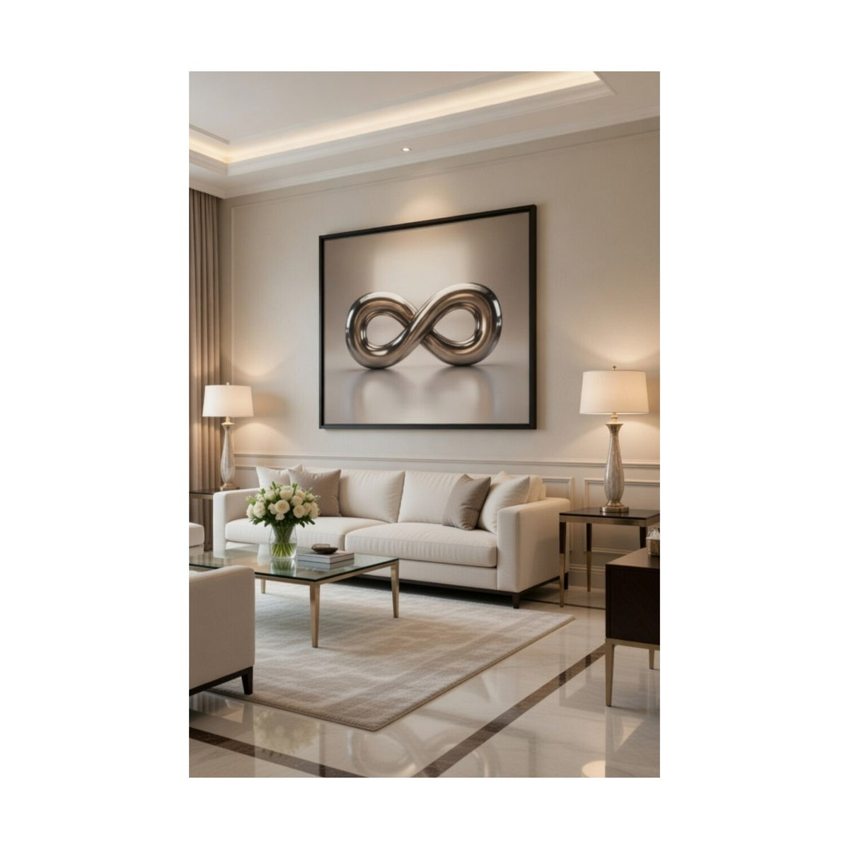 Safir Design Gümüş Işıltılı Sonsuzluk Temalı Şık Çerçeveli Tablo