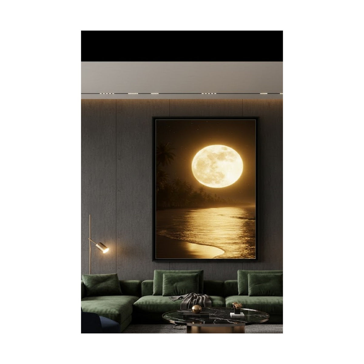Safir Design Lüks Gece Manzarası,altın Yansımalı Okyanus Çerçeveli Tablo