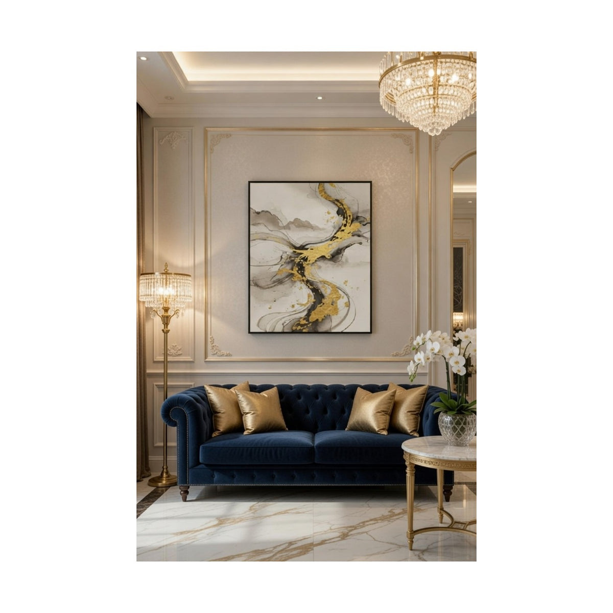 Safir Design Altın Işıltısı: Modern Soyut Tasarım Çerçeveli Tablo
