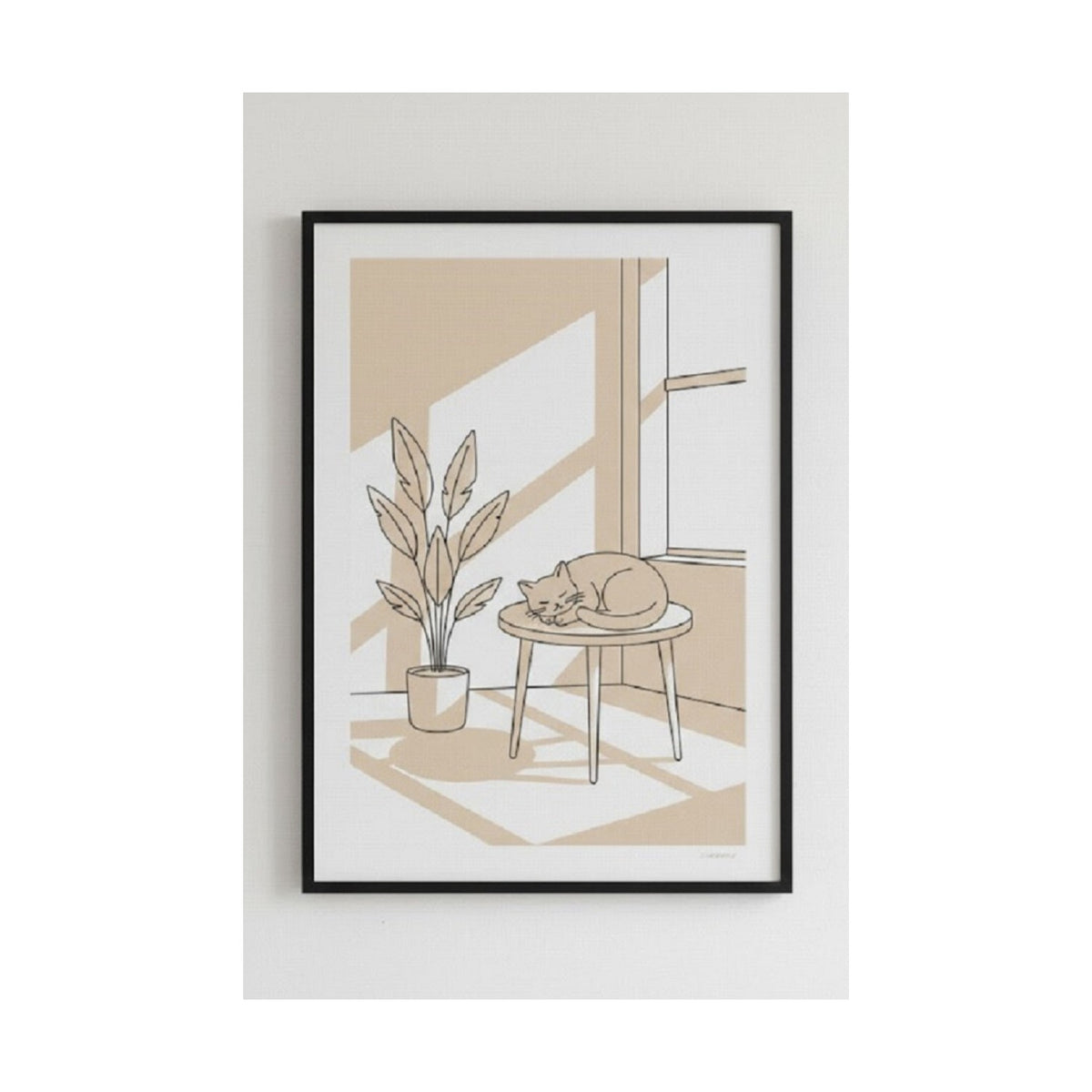 Safir Design Minimalist Huzur Pencere Önünde Uyuyan Kedi Çerçeveli Tablo