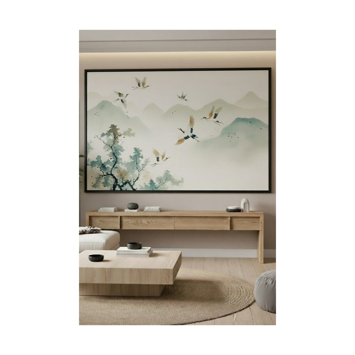 Safir Design Huzur Veren Pastel Tonlarda Manzara ve Kuşlar Çerçeveli Tablo