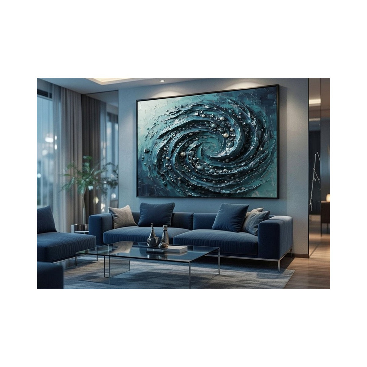 Safir Design Mavi ve Antrasit Tonlarında Modern Soyut Çerçeveli Tablo