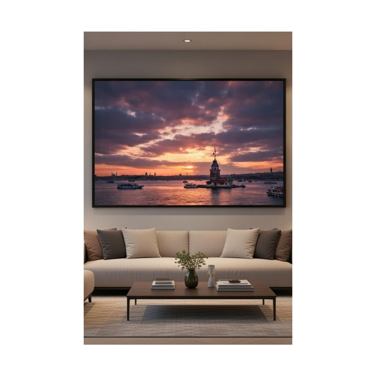 Safir Design Kız Kulesi ve Istanbul Boğazı Manzaralı Gün Batımı Temalı Çerçeveli Tablo
