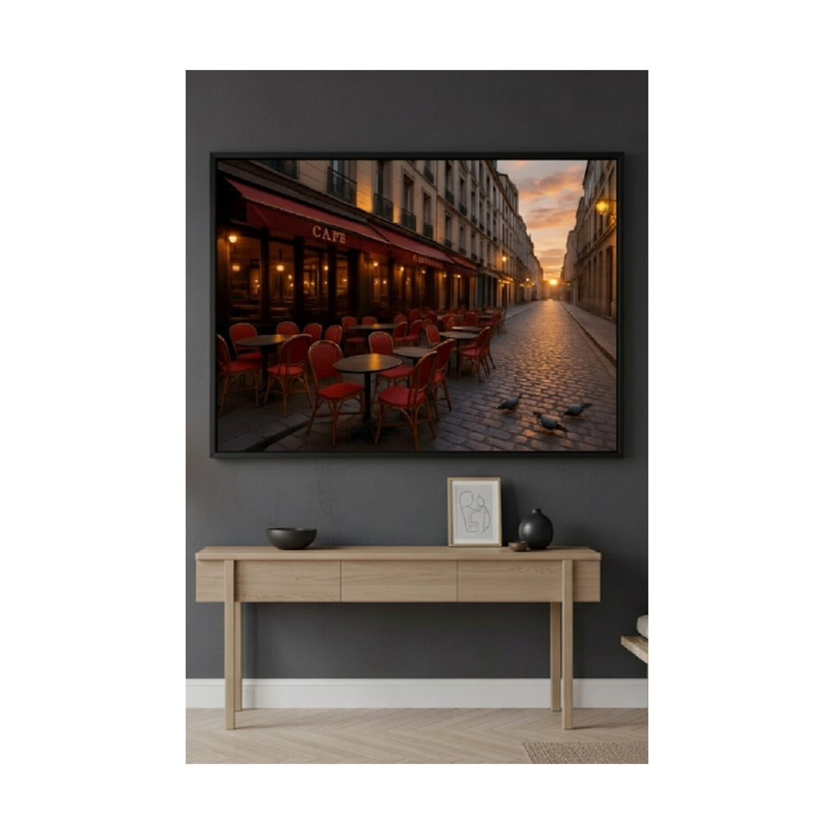 Safir Design Paris Sokakları ve Fransız Kafe Temalı Siyah Çerçeveli Tablo