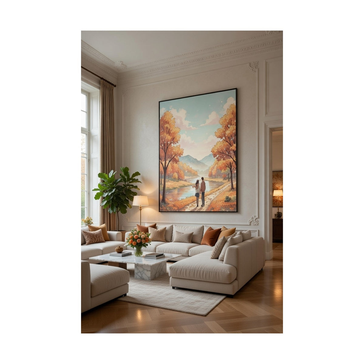 Safir Design Sonbahar Renklerinde El Ele Yürüyen Çift Temalı Çerçeveli Tablo
