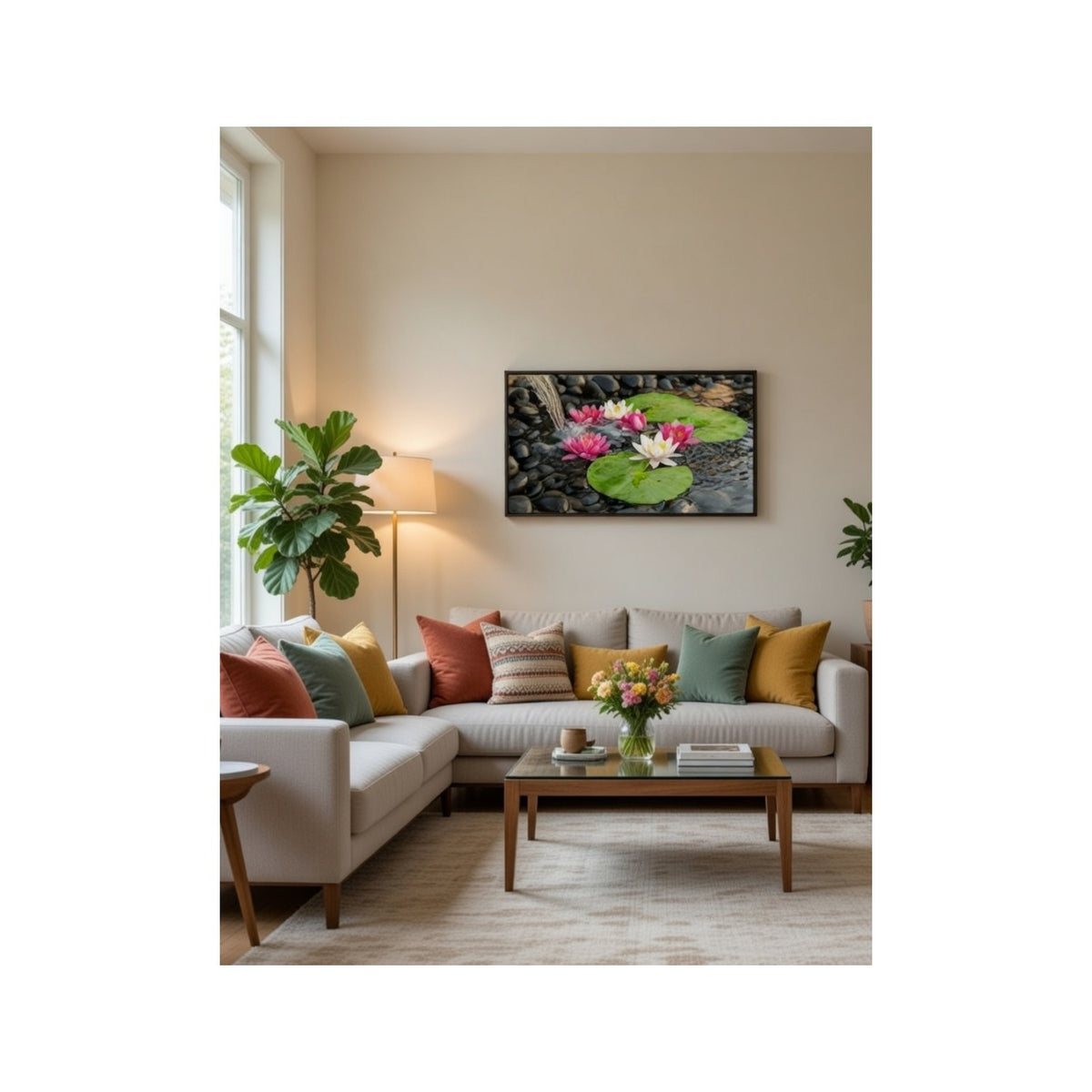 Safir Design Zen Bahçesi Esintili Nilüfer Çiçekleri ve Doğal Taş Temalı Çerçeveli Tablo