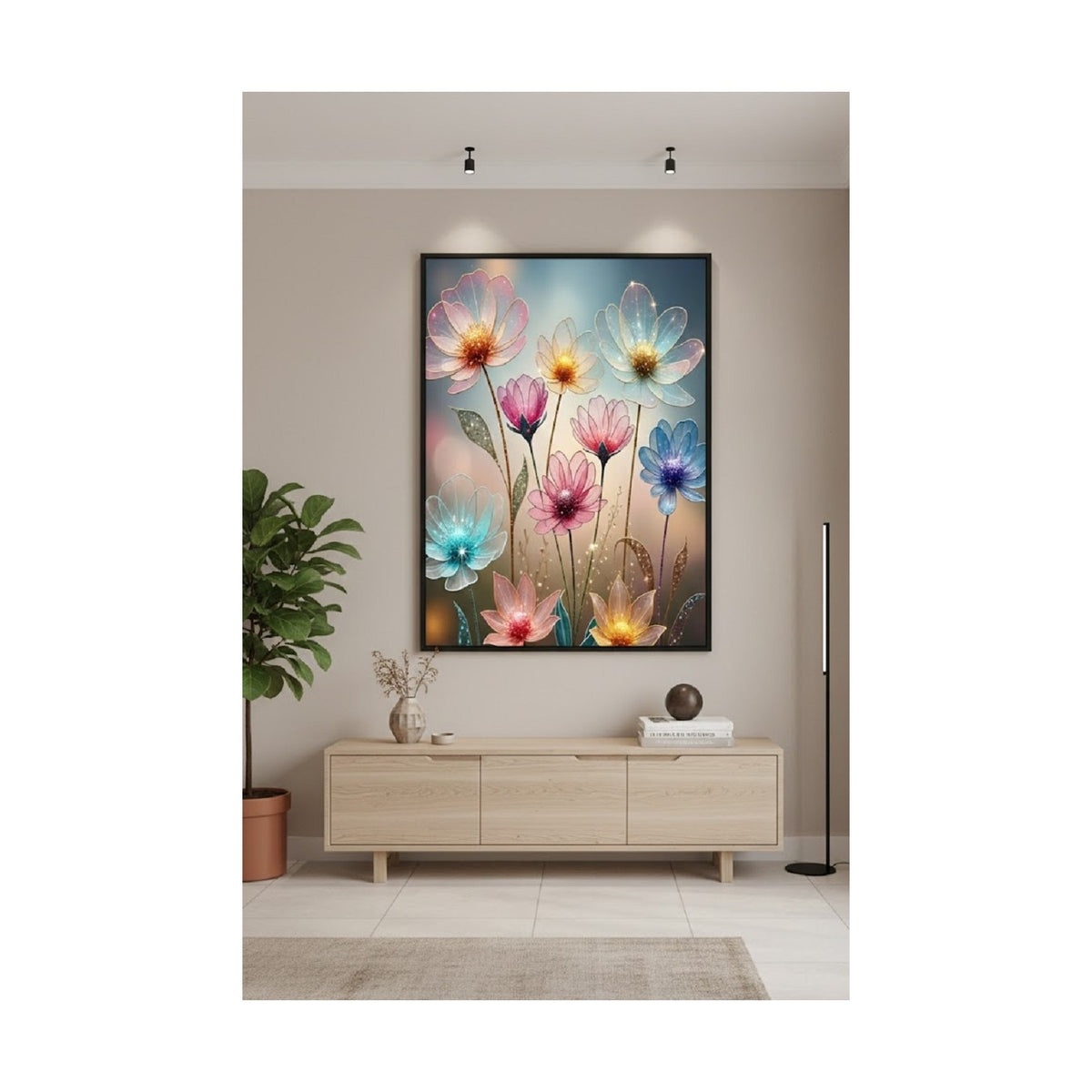 Safir Design Altın Işıltılı ve Pastel Geçişli Çiçek Illüstrasyonu Çerçeveli Tablo