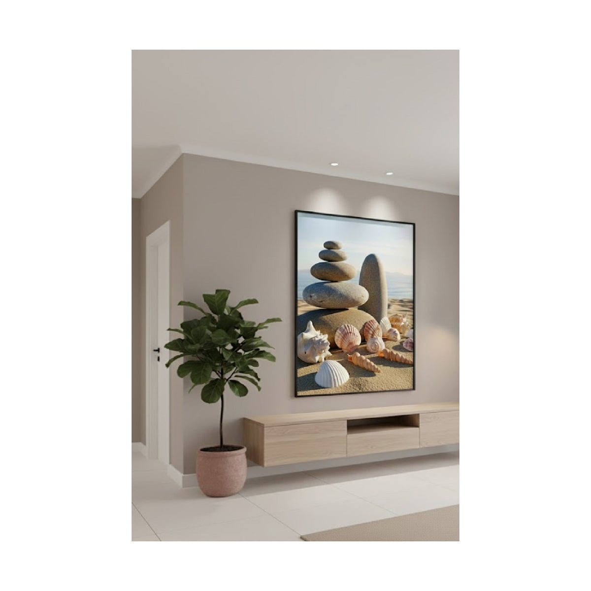Safir Design Deniz Kabukları ve Dengelenmiş Zen Taşları Temalı Çerçeveli Tablo