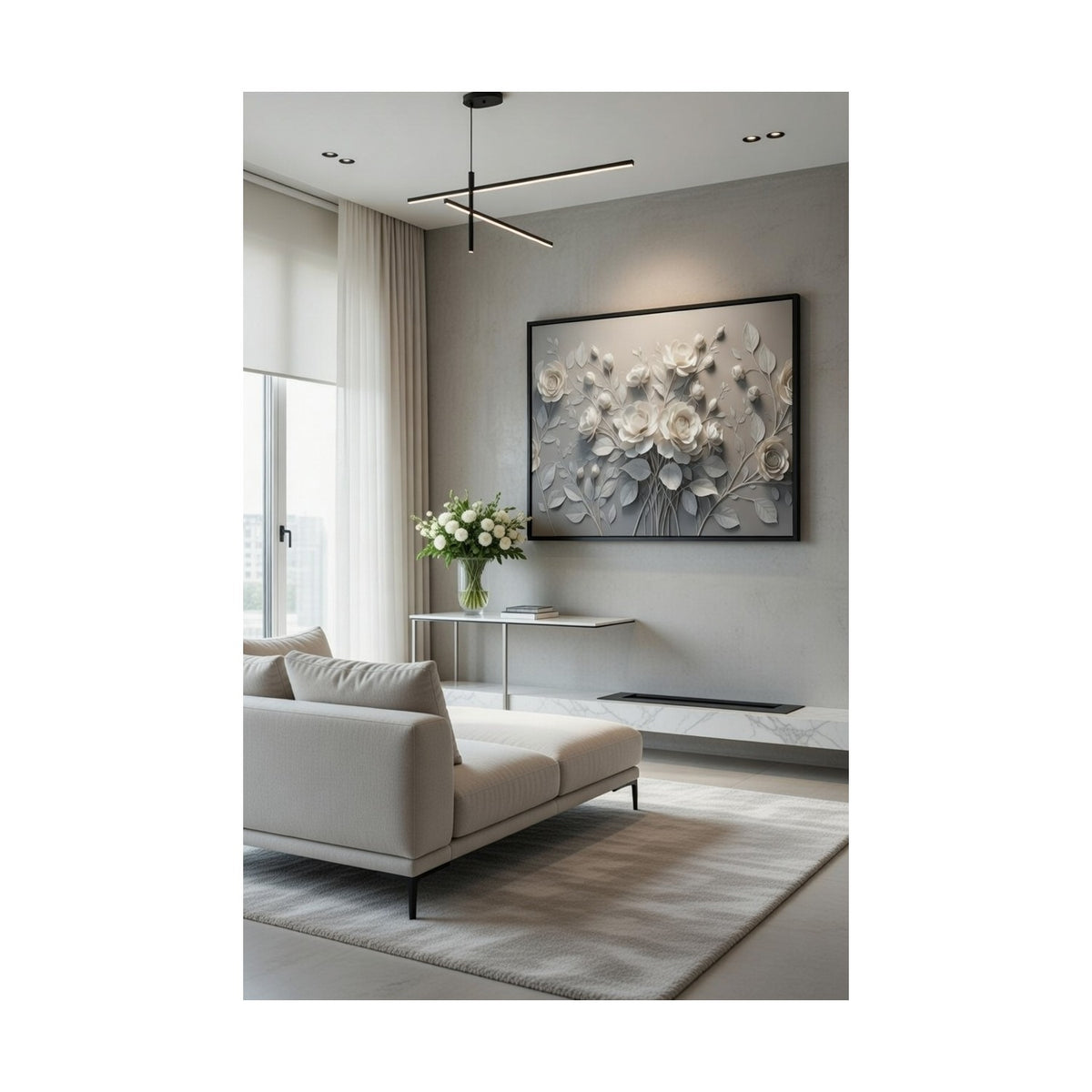 Safir Design Minimalist Beyaz Güller Temalı Çerçeveli Tablo