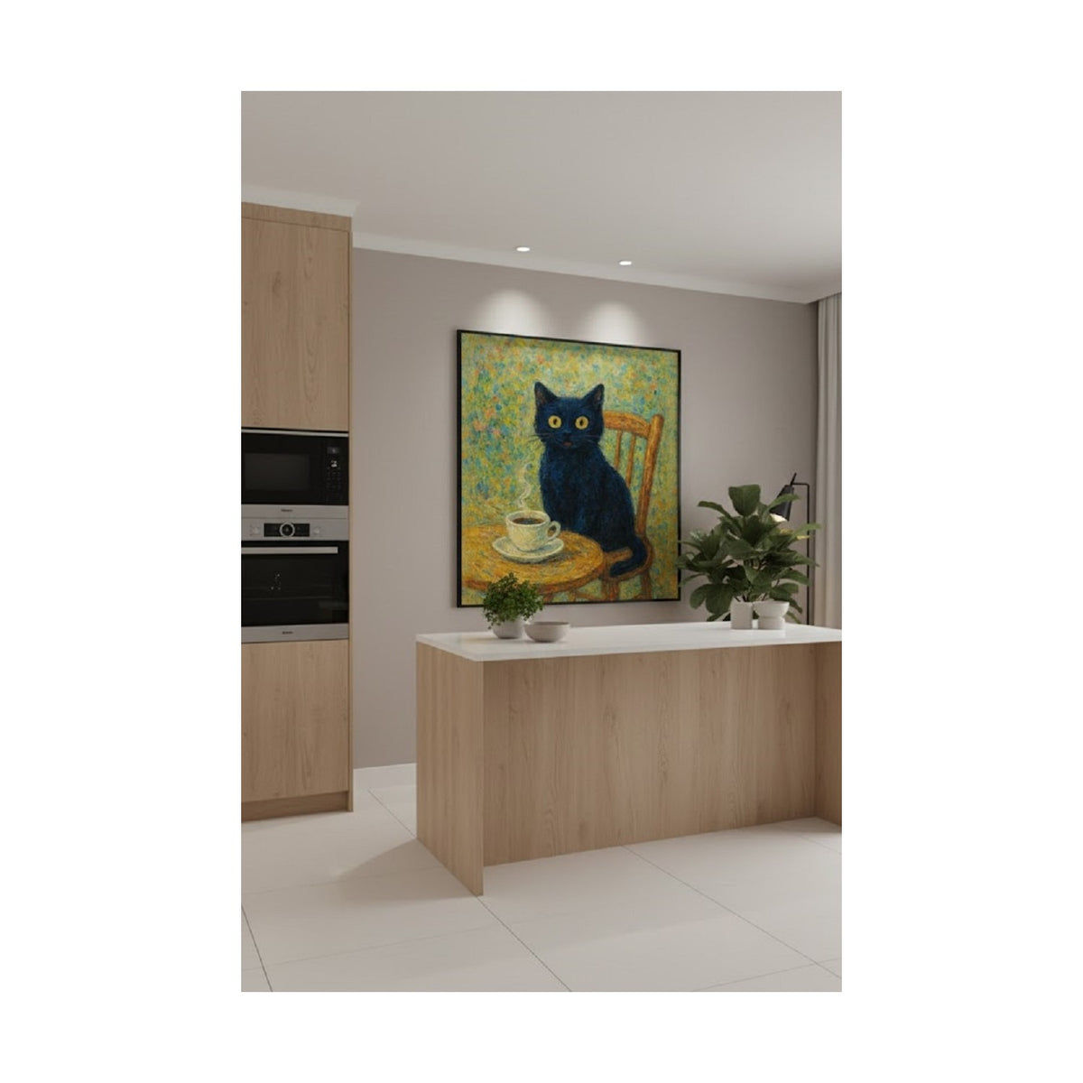 Safir Design Kahve Keyfi Yapan Kara Kedi Temalı Çerçeveli Tablo Mutfak ve Kafe Dekoru