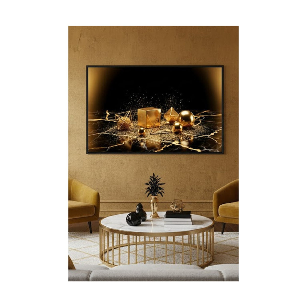 Safir Design Işıltılı Küre ve Piramit Temalı Siyah Gold Çerçeveli Tablo