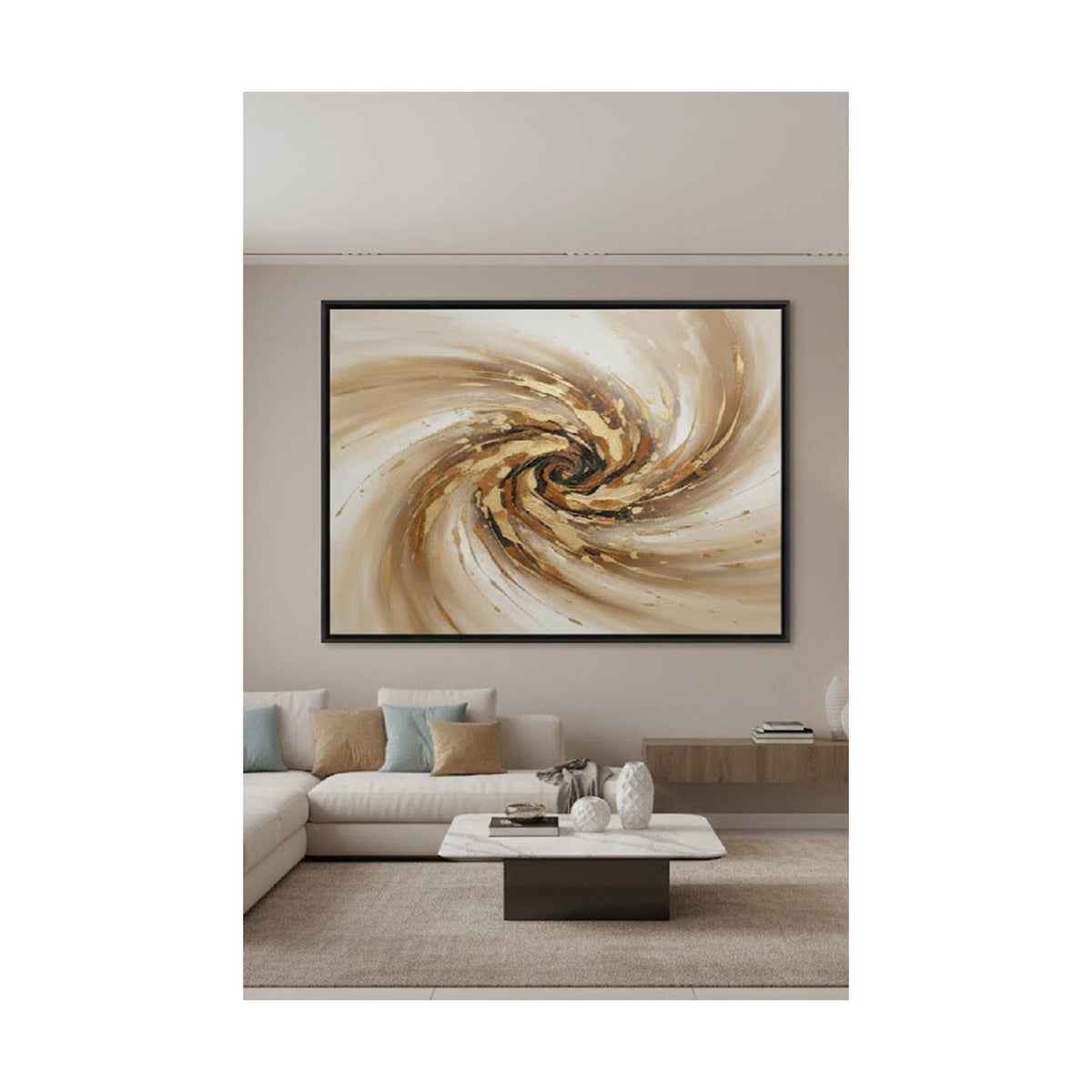 Safir Design Altın Işıltılı Girdap Soyut Çerçeveli Tablo Lüks Görünümlü Çerçeveli Tablo