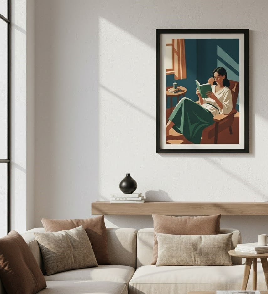 Safir Design Huzurlu Okuma Köşesi ve Pencere Işığı Detaylı Çerçeveli Tablo