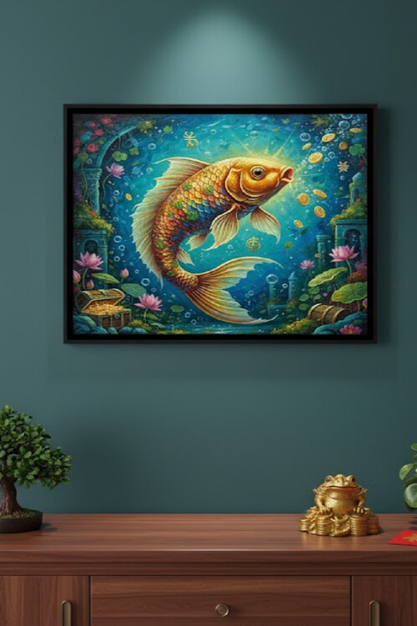 Safir Design Bolluk ve Refah Getiren Feng Shui Şans Balığı Konseptli Çerçeveli Tablo