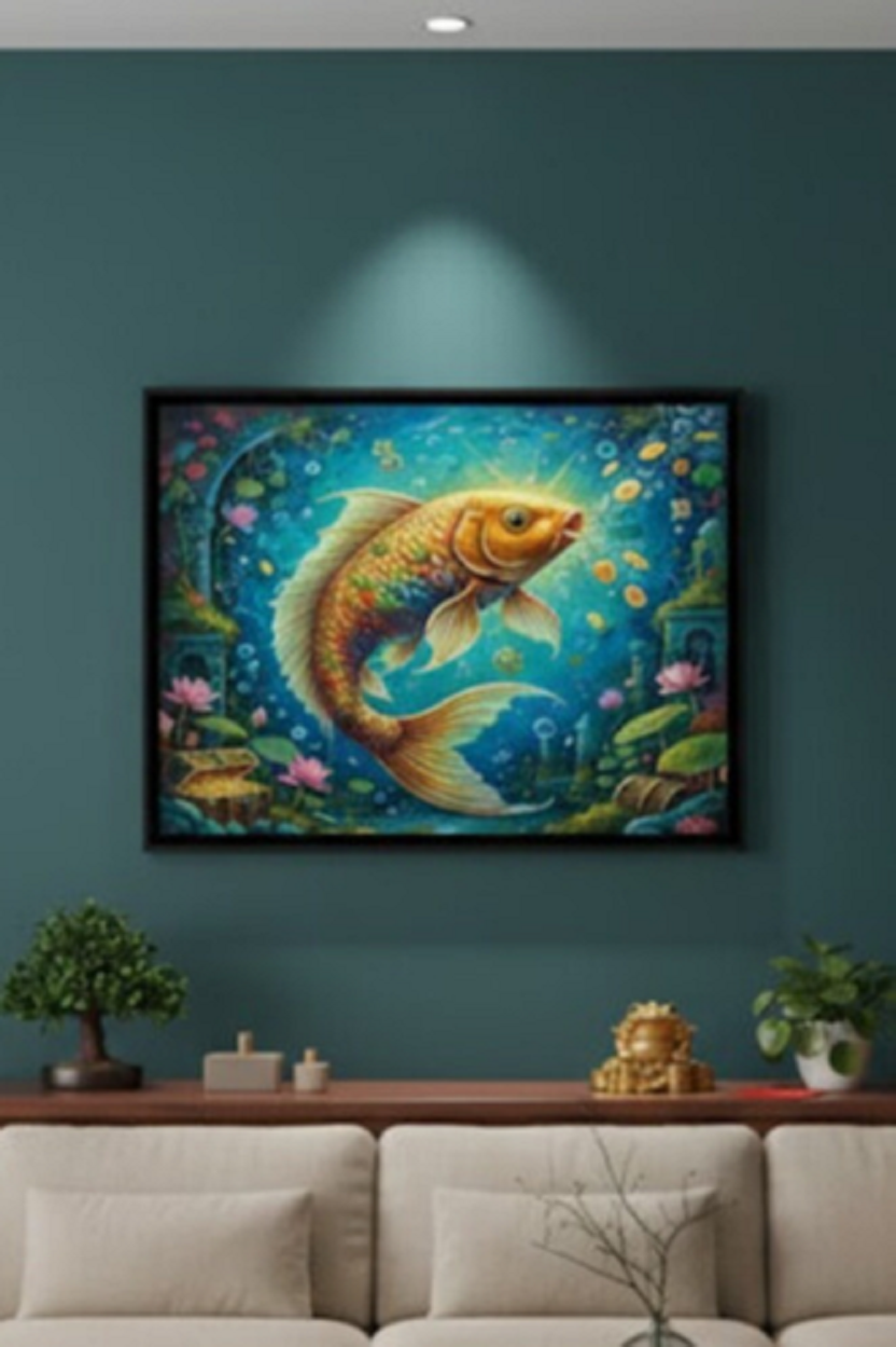 Safir Design Bolluk ve Refah Getiren Feng Shui Şans Balığı Konseptli Çerçeveli Tablo