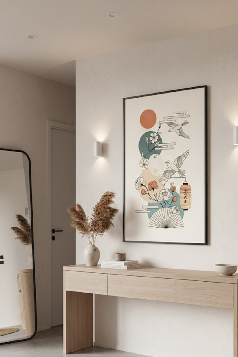 Safir Design Japon Tarzı Turna ve Bahar Dalları Çerçeveli Tablo
