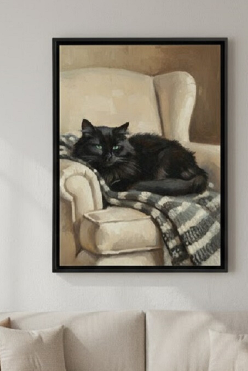 Safir Design Vintage Koltuk Üzerinde Kedi Çerçeveli Tablo
