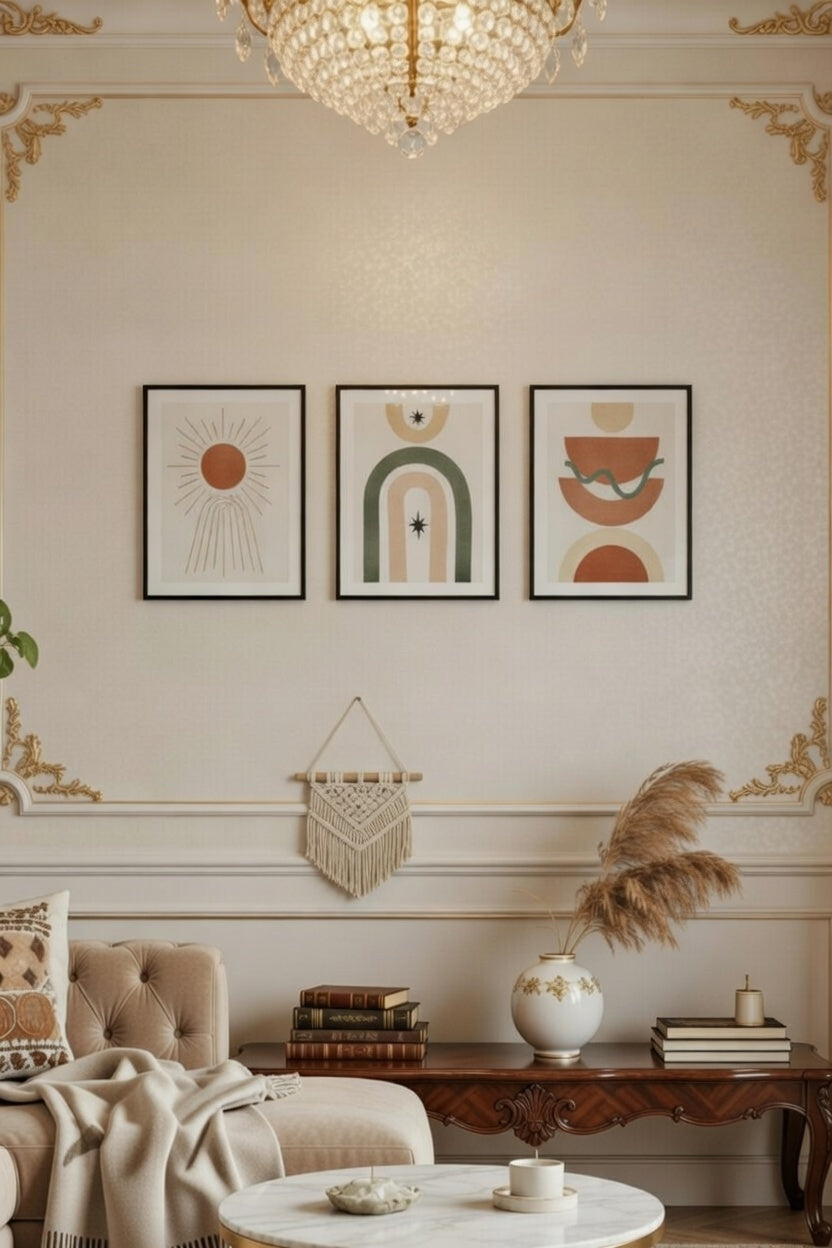 Safir Design Bohem Stil Güneş ve Geometrik Formlar 3lü Çerçeveli Tablo