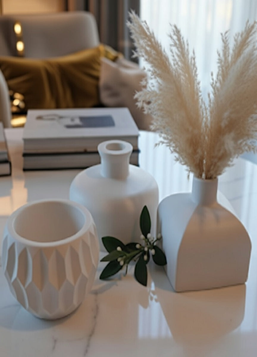 Safir Design Pampaslı 3'lü Beyaz Vazo Seti - Minimalist Ev Dekoru