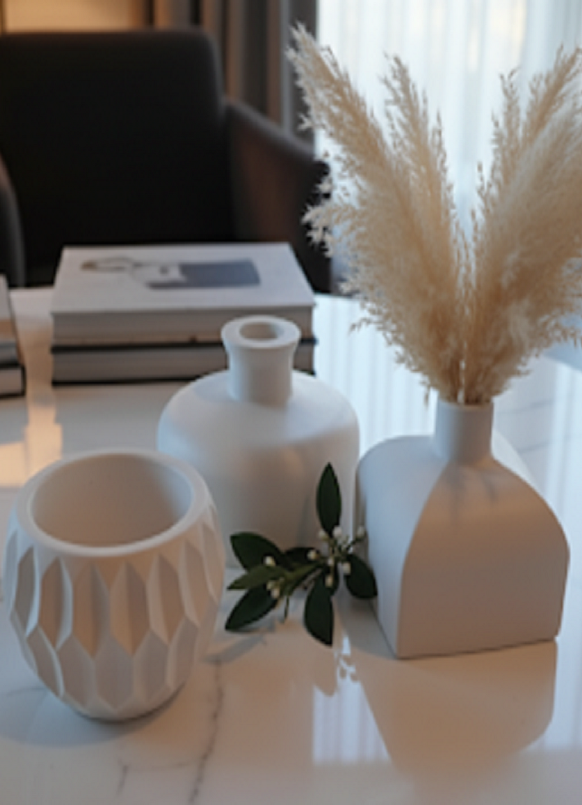 Safir Design Pampaslı 3'lü Beyaz Vazo Seti - Minimalist Ev Dekoru