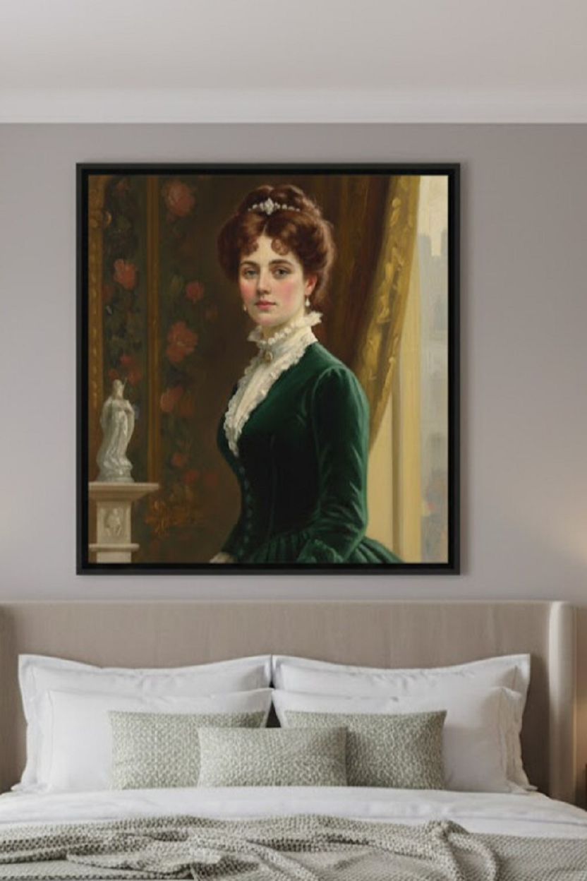 Safir Design Klasik Dönem Yeşil Elbiseli Aristokrat Kadın Portresi Çerçeveli Tablo