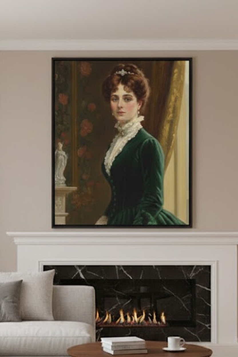 Safir Design Klasik Dönem Yeşil Elbiseli Aristokrat Kadın Portresi Çerçeveli Tablo