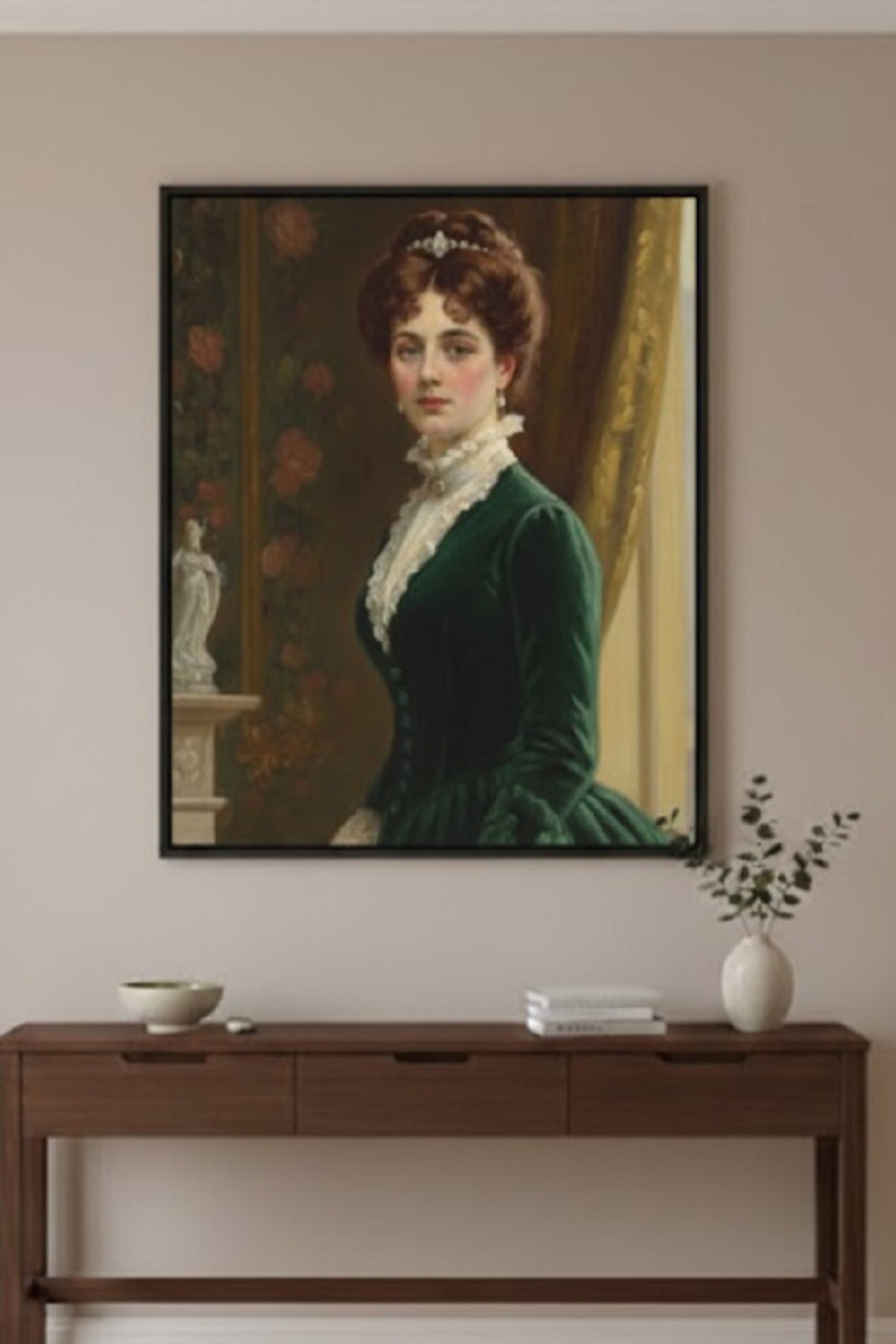 Safir Design Klasik Dönem Yeşil Elbiseli Aristokrat Kadın Portresi Çerçeveli Tablo