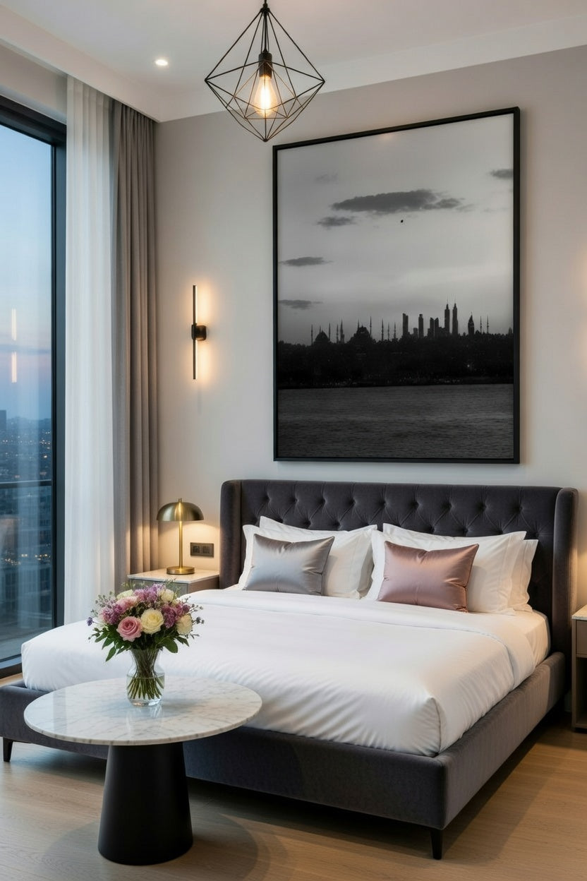 Safir Design Siyah Beyaz İstanbul Silüeti Çerçeveli Tablo Modern Şehir Manzaralı Tablo