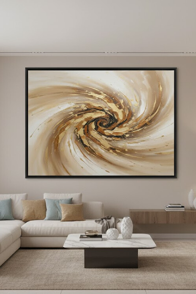 Safir Design Altın Işıltılı Girdap Soyut Çerçeveli Tablo Lüks Görünümlü Çerçeveli Tablo