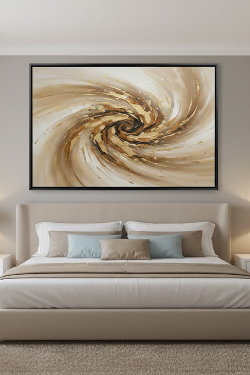 Safir Design Altın Işıltılı Girdap Soyut Çerçeveli Tablo Lüks Görünümlü Çerçeveli Tablo