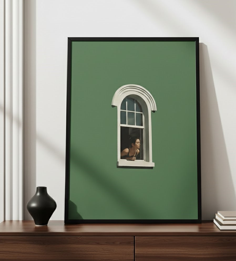 Safir Design Minimalist Yeşil Pencereden Bakan Kadın Çerçeveli Tablo