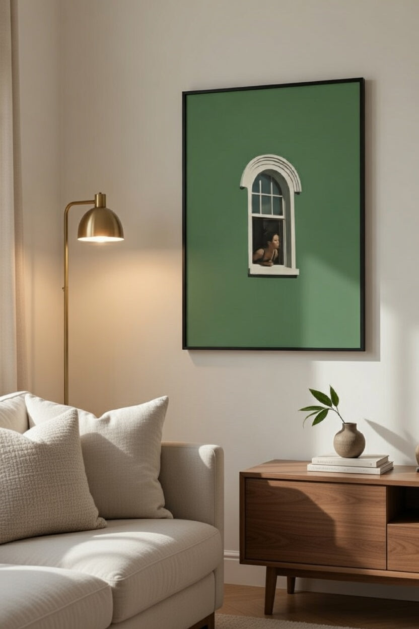 Safir Design Minimalist Yeşil Pencereden Bakan Kadın Çerçeveli Tablo
