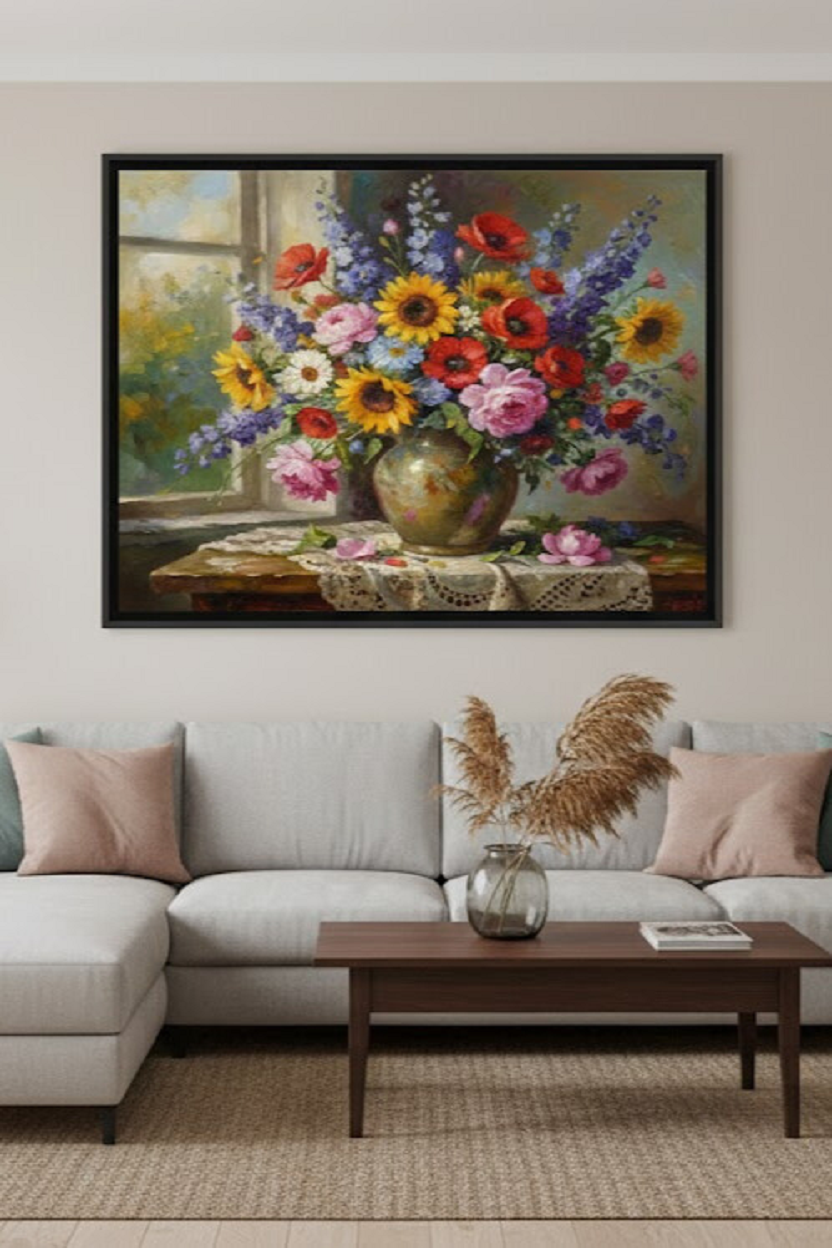 Safir Design Sanatsal Pencere Önü Çiçek Aranjman Çerçeveli Tablo